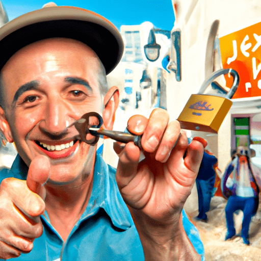 3. תמונה של מנעולן חיפאי מצליח מחזיק מפתח, כשברקע לקוחות מרוצים.