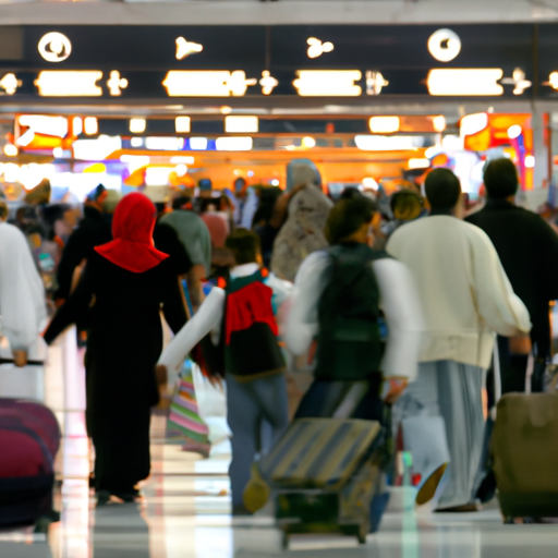 טרמינל שדה תעופה שוקק בדובאי, המציג את המתקנים החדישים ביותר ואת מגוון המטיילים.