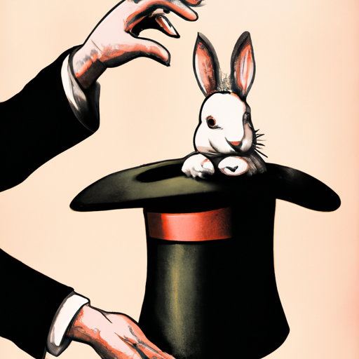3. איור שובה לב של טריק אשליה קלאסי, ידו של הקוסם מנופפת מעל כובע, עם ארנב שעומד להופיע.